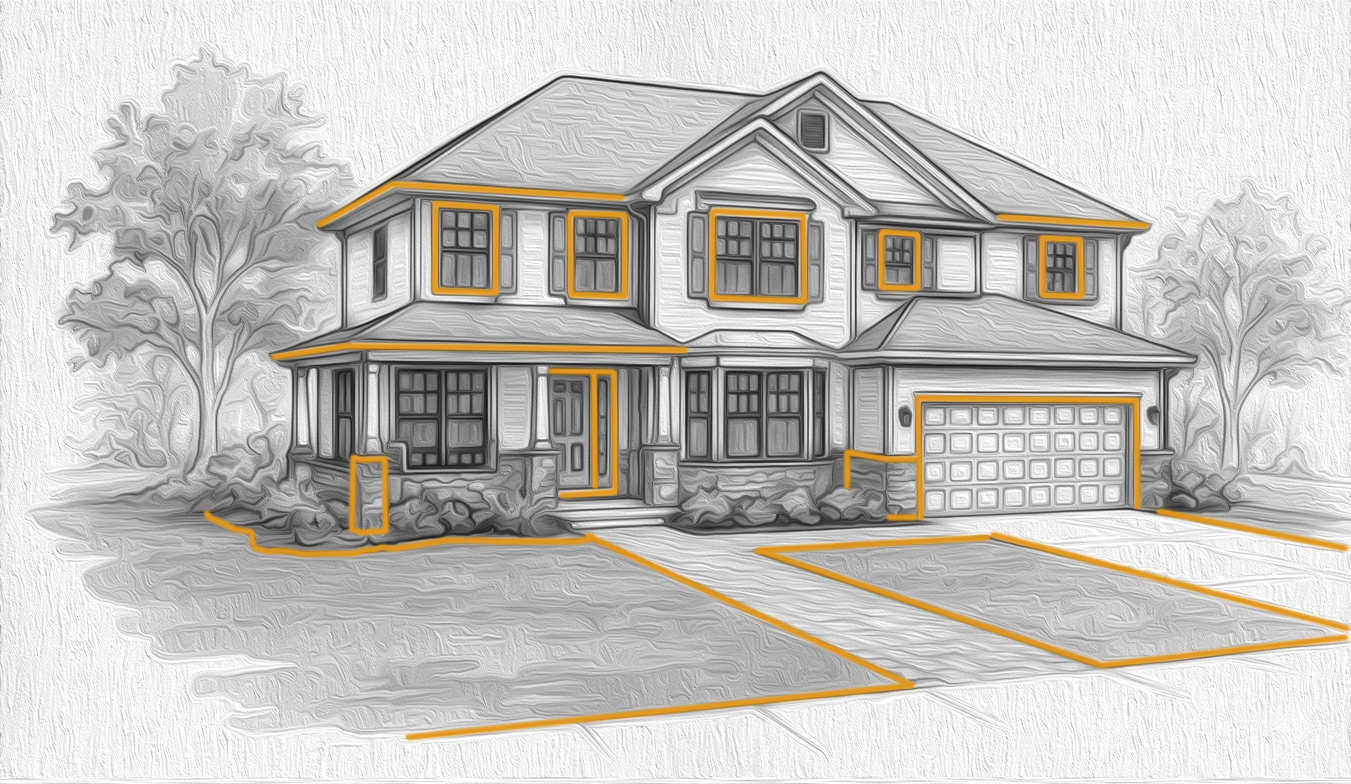 Illustration of a two-story home with highlighted treatment zones along the eaves, windows, foundation, and yard perimeter.
